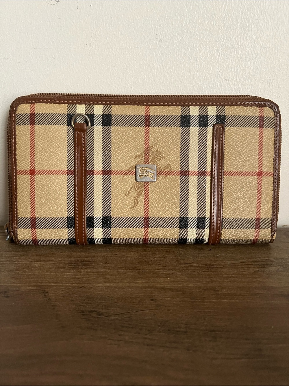 Burberry Beige and Brown Check Zip Wallet on chain